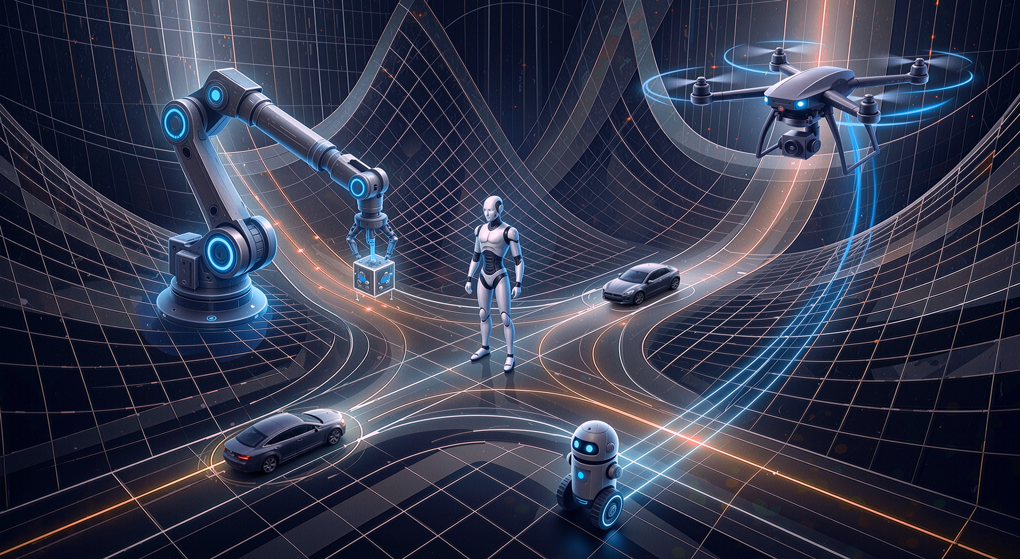 Humanoid AI system visualizing physical AI, edge computing, and real-time intelligence integrated with advanced semiconductor technology.